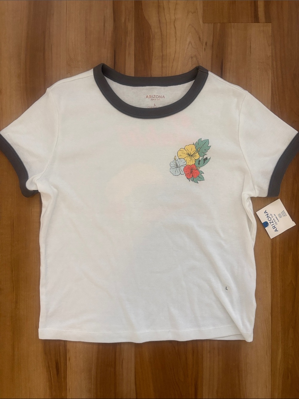 Arizona Jean Company White Ringer Tee with Gray Trim and Floral Chest Print